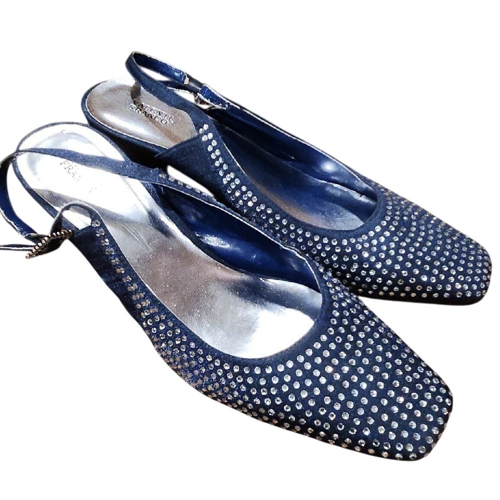 VALENTI FRANCO Shoes Womens 10 Rhinestone Slingback Heels Navy Blue High‎ Heels